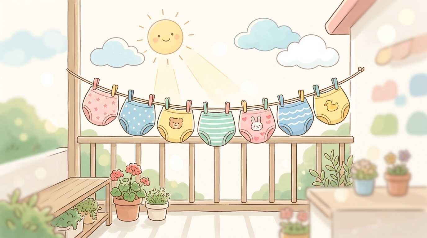 ベランダで太陽の光を浴びながら干されている色とりどりの子ども用トレーニングパンツ