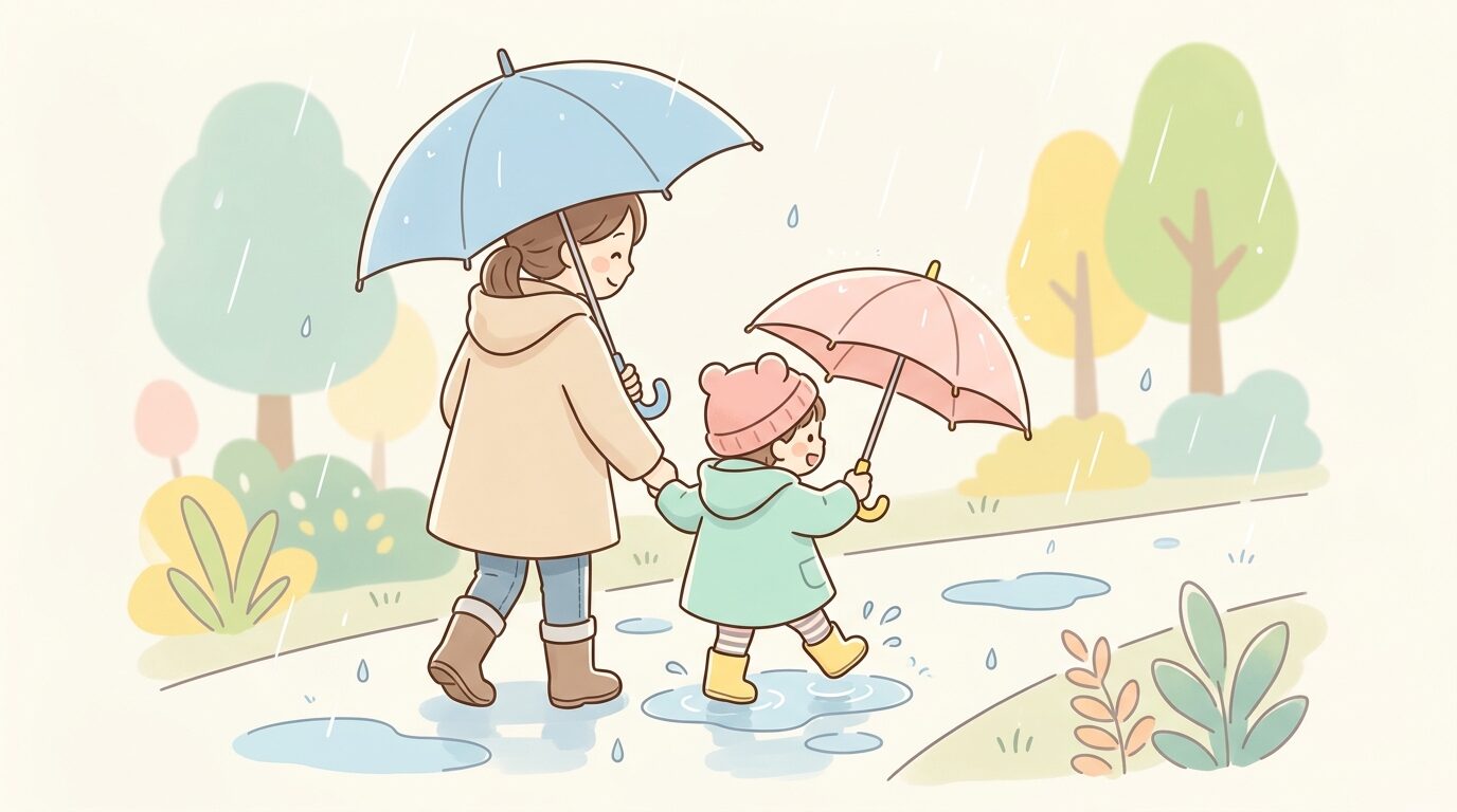 小さな傘を持って水たまりを楽しそうに歩く2歳くらいの子どもと見守る母親の後ろ姿、優しい雨の情景