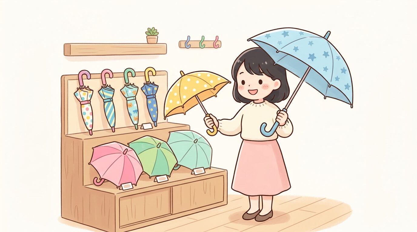 カラフルな子ども用傘を並べて比較する親、35センチと45センチのサイズ違いが分かる商品陳列