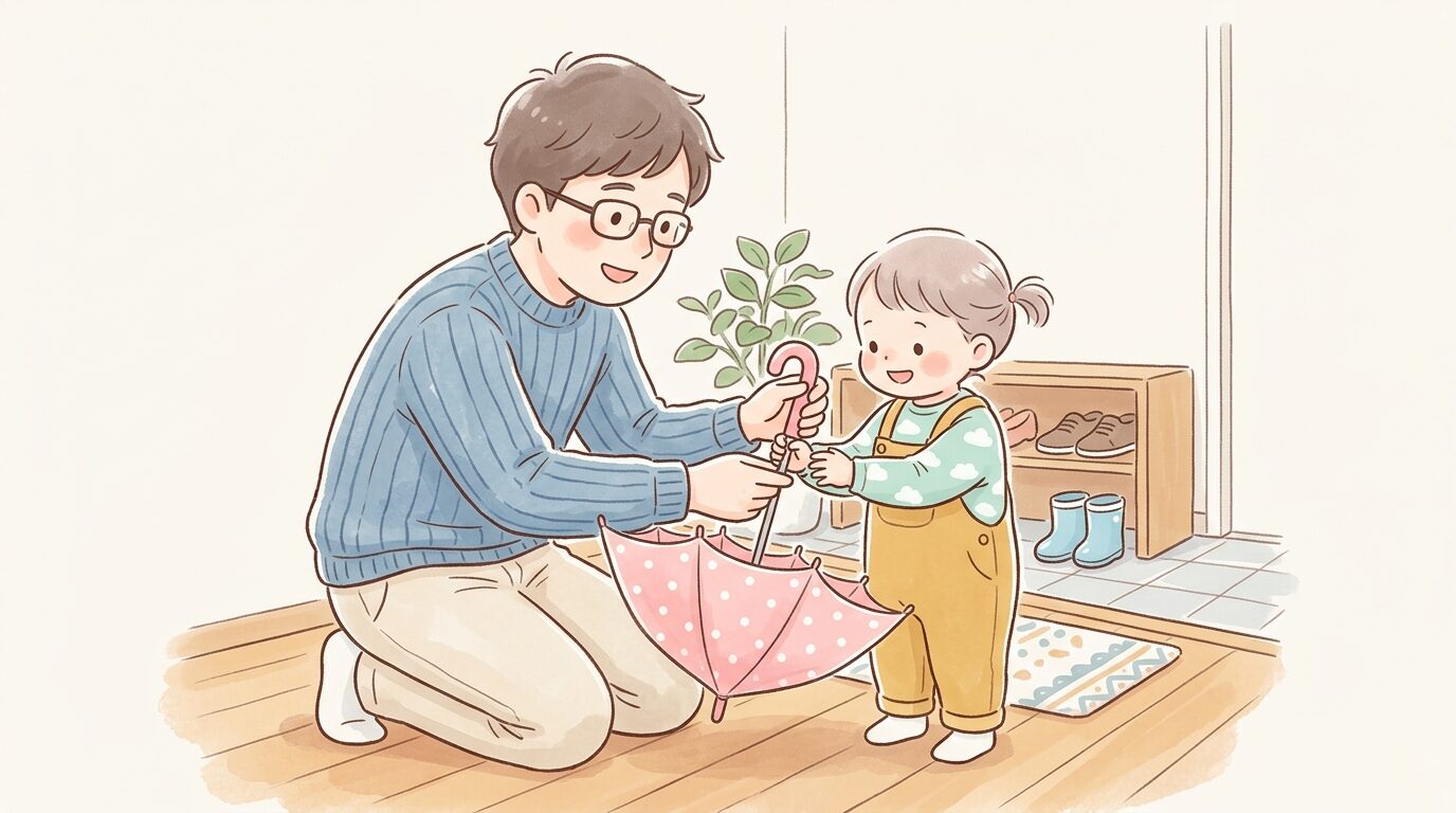 玄関先で子どもに傘の開き方をやさしく教える父親、しゃがんで目線を合わせている様子