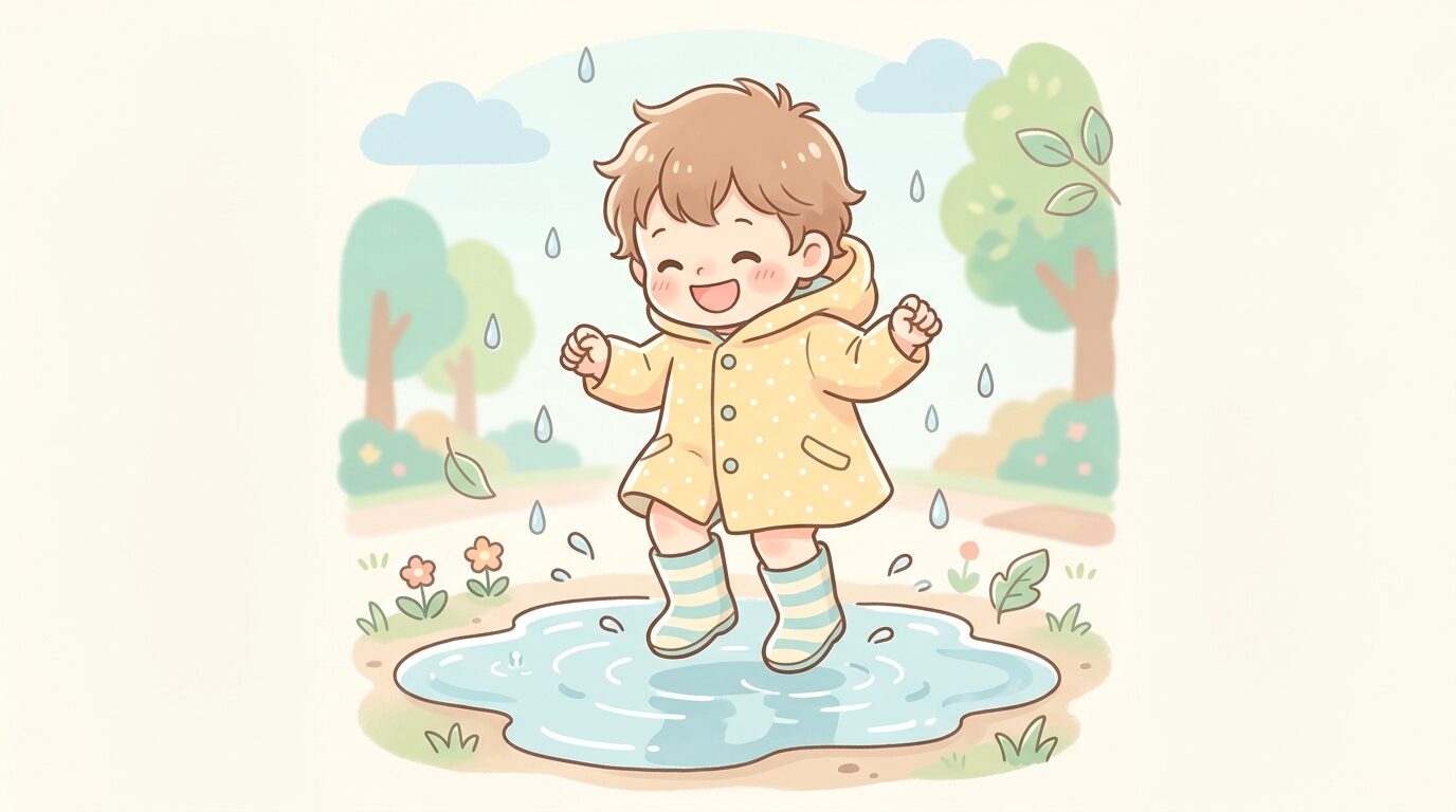 水たまりの前で長靴を履いてジャンプしようとする2歳くらいの子供、笑顔で楽しそうな様子