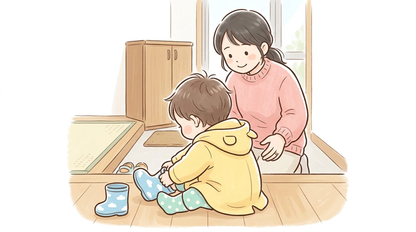 玄関で長靴を自分で履こうと頑張る2歳児の後ろ姿を見守る親の手