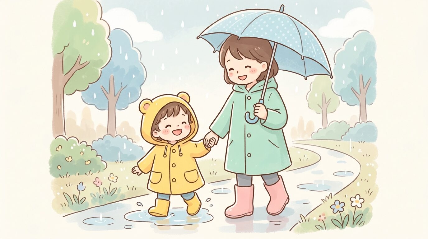 黄色いレインコートと長靴を着た2歳児が親と手をつないで雨の中の歩道を歩く様子