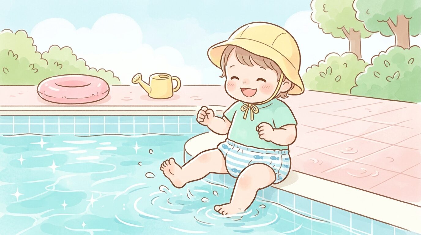 プールサイドで水遊びパンツを履いた2歳児が笑顔で水に足を入れている様子