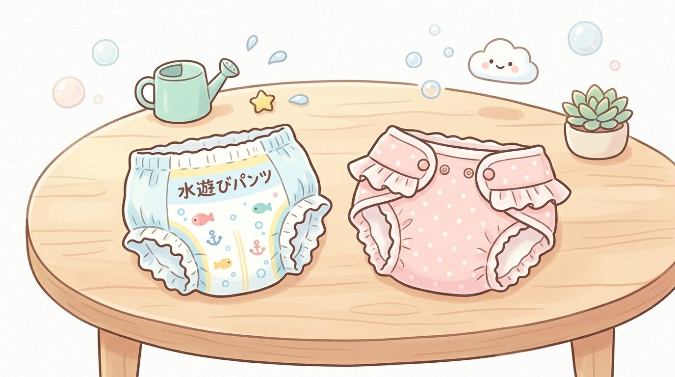 紙製と布製の水遊びパンツを並べて比較しているテーブルの上の様子