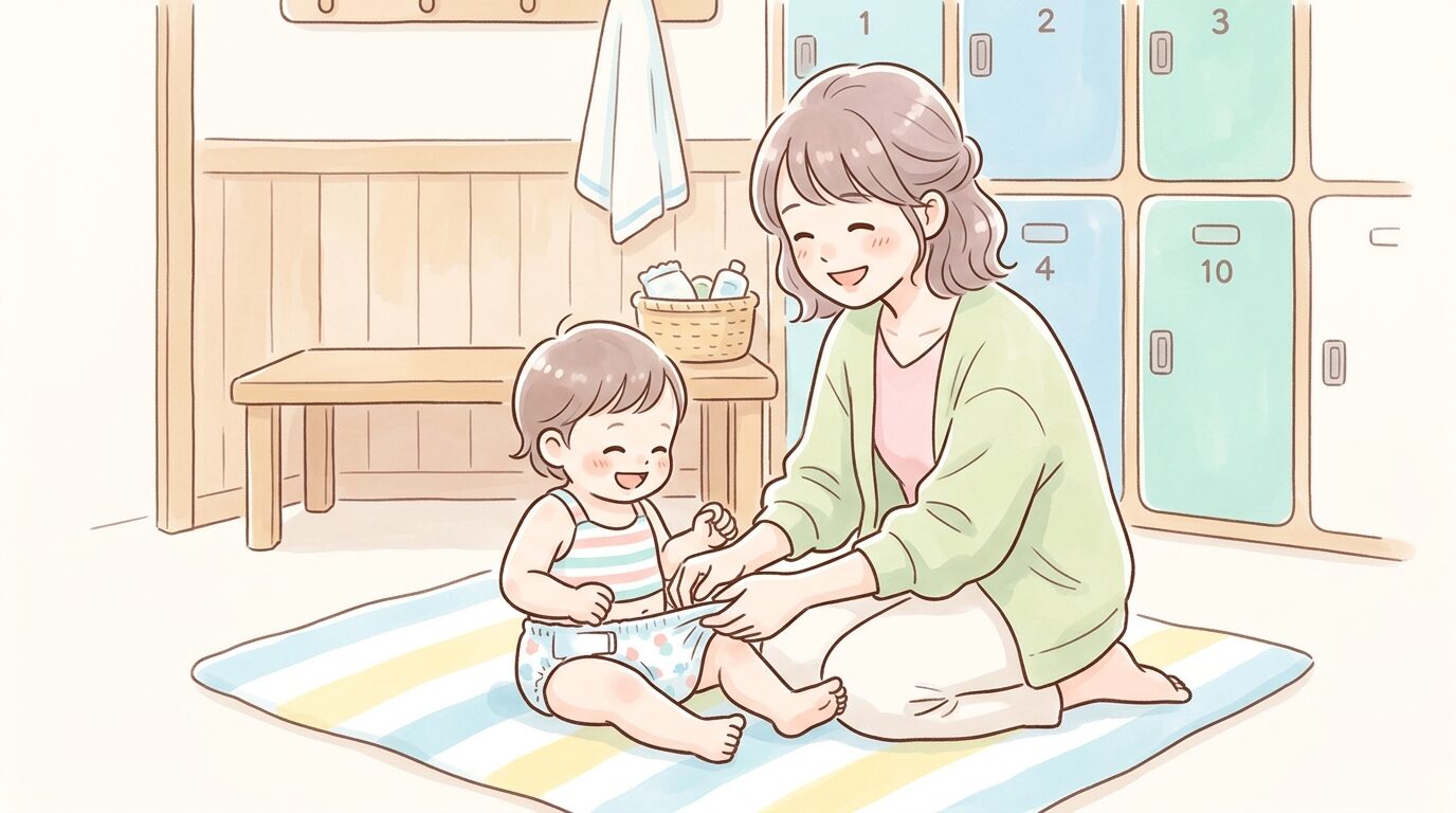 更衣室でお母さんが子どもの水遊びパンツを履き替えさせている温かい様子
