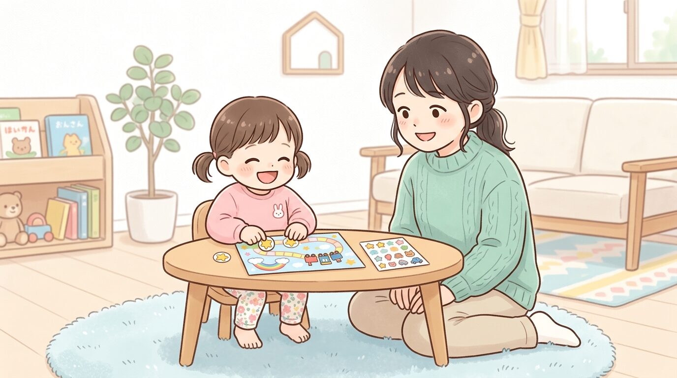 リビングでシール台紙にシールを貼って喜ぶ2歳児と、隣で笑顔で見守る母親