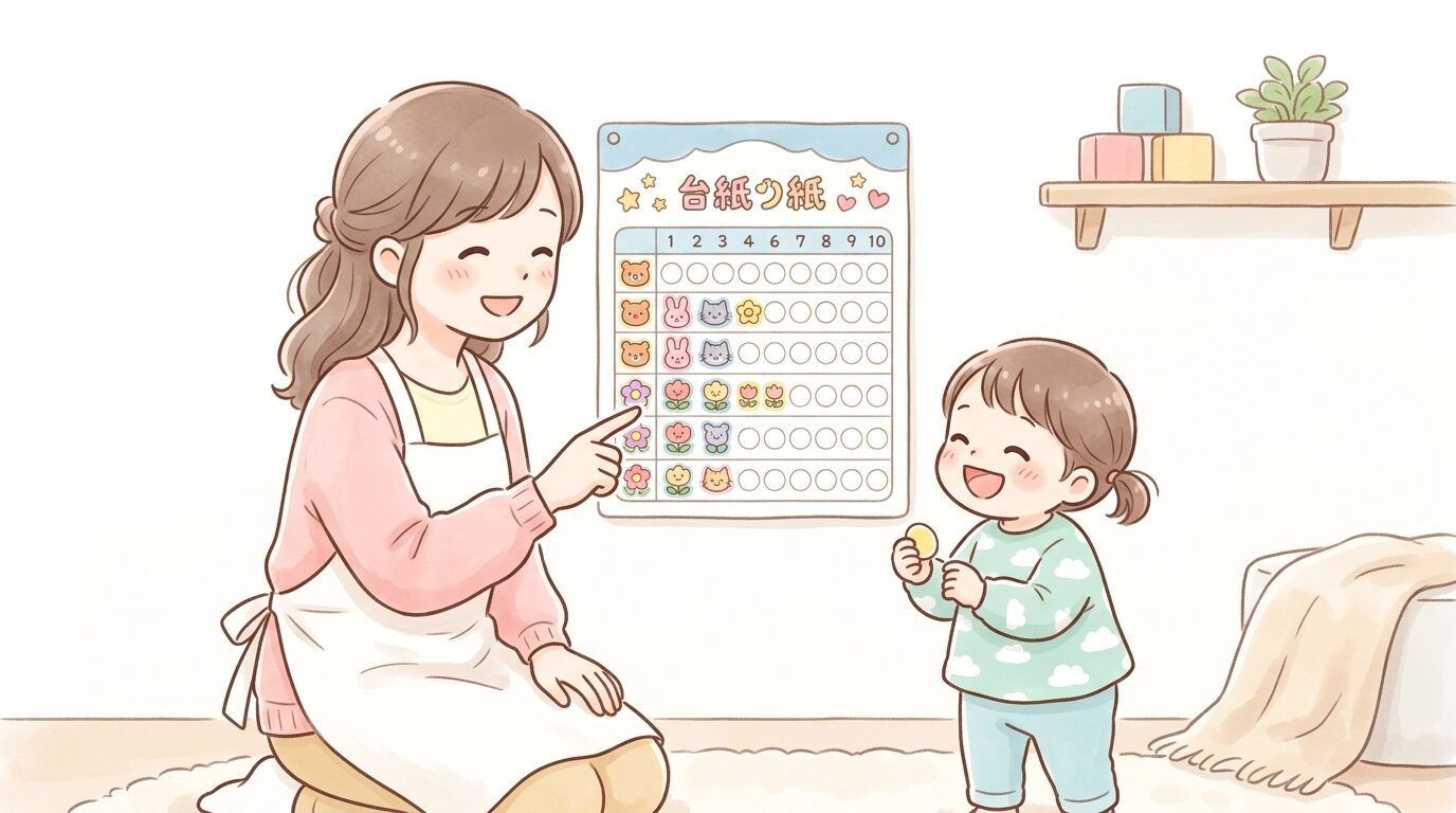 シール台紙の前で親子が笑顔で向き合い、頑張ったことを話し合っている様子