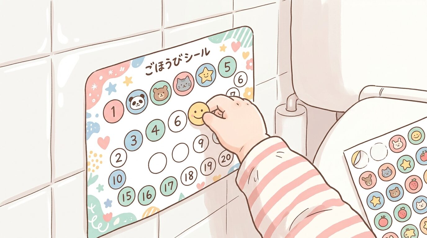 トイレの壁に貼られたごほうびシール台紙に、子どもが自分でシールを貼っている手元のアップ