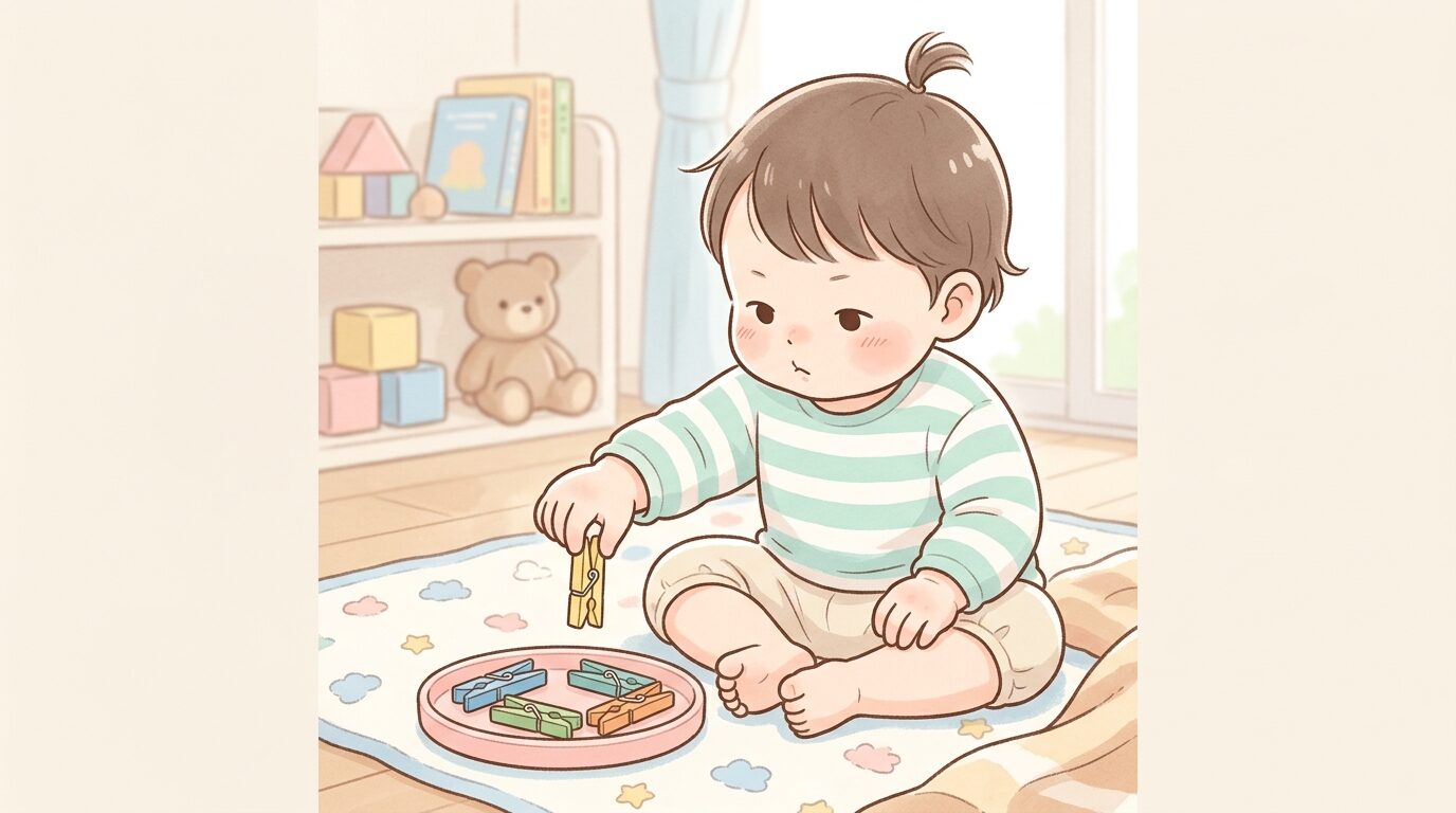 リビングのマットの上で洗濯ばさみを指でつまもうとする2歳児の真剣な表情の手元