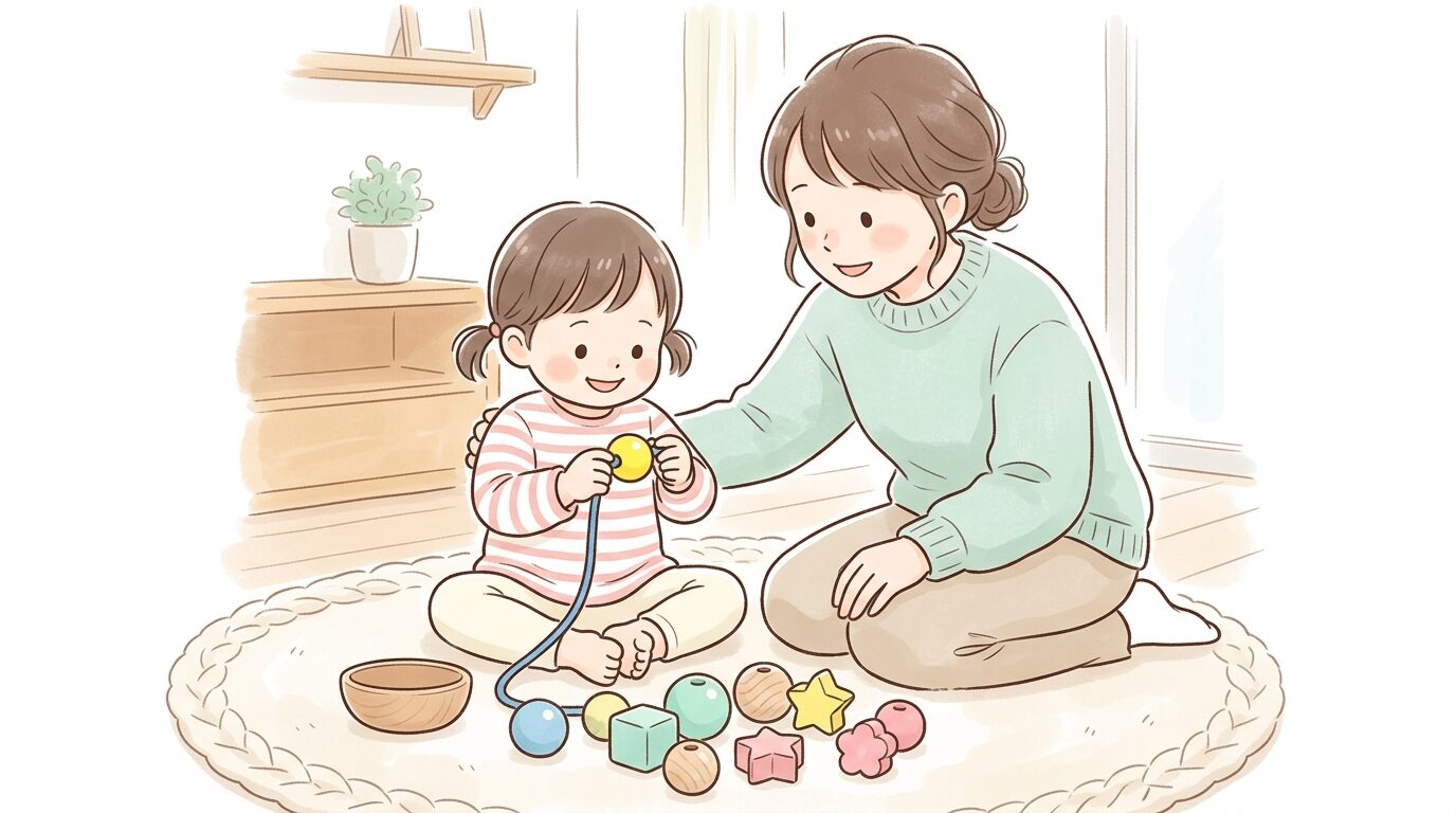 大きめの木製ビーズにひもを通して遊ぶ2歳児と隣で見守る母親の温かい雰囲気