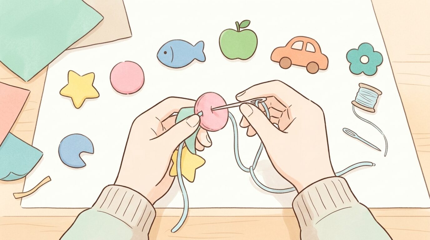 100円ショップのカラフルなフェルトとひもで手作り知育玩具を作る親の手元