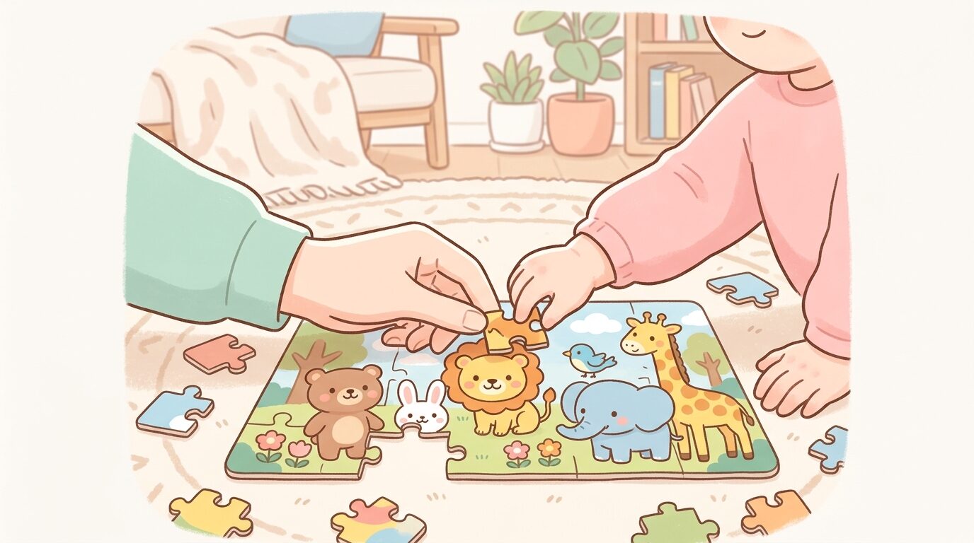 リビングのラグの上に広げられた動物柄のジグソーパズルと親子の手