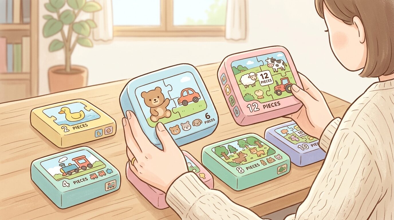 テーブルに並べられた様々なピース数のジグソーパズルパッケージを見比べる親の手元