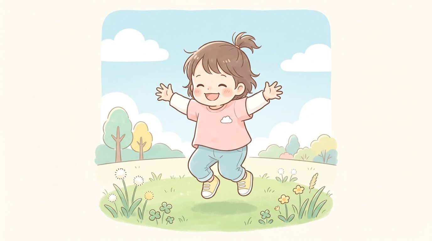 公園の芝生で両手を広げて楽しそうにジャンプの真似をする2歳児
