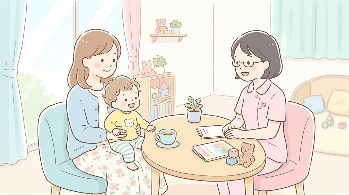 保健センターで保健師と話しながら子どもの発達について相談する母親