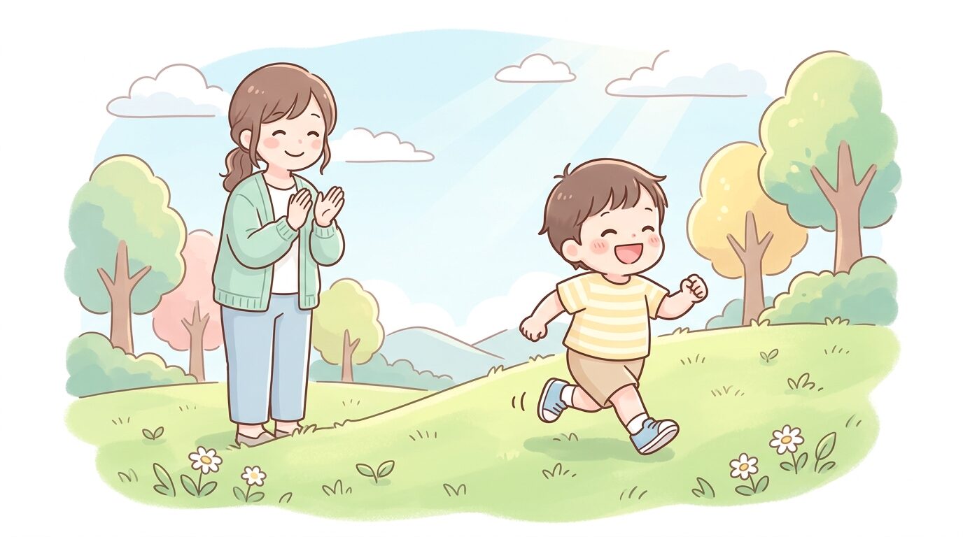公園の芝生の上を笑顔で走る2歳くらいの子どもと、後ろから見守る母親の様子