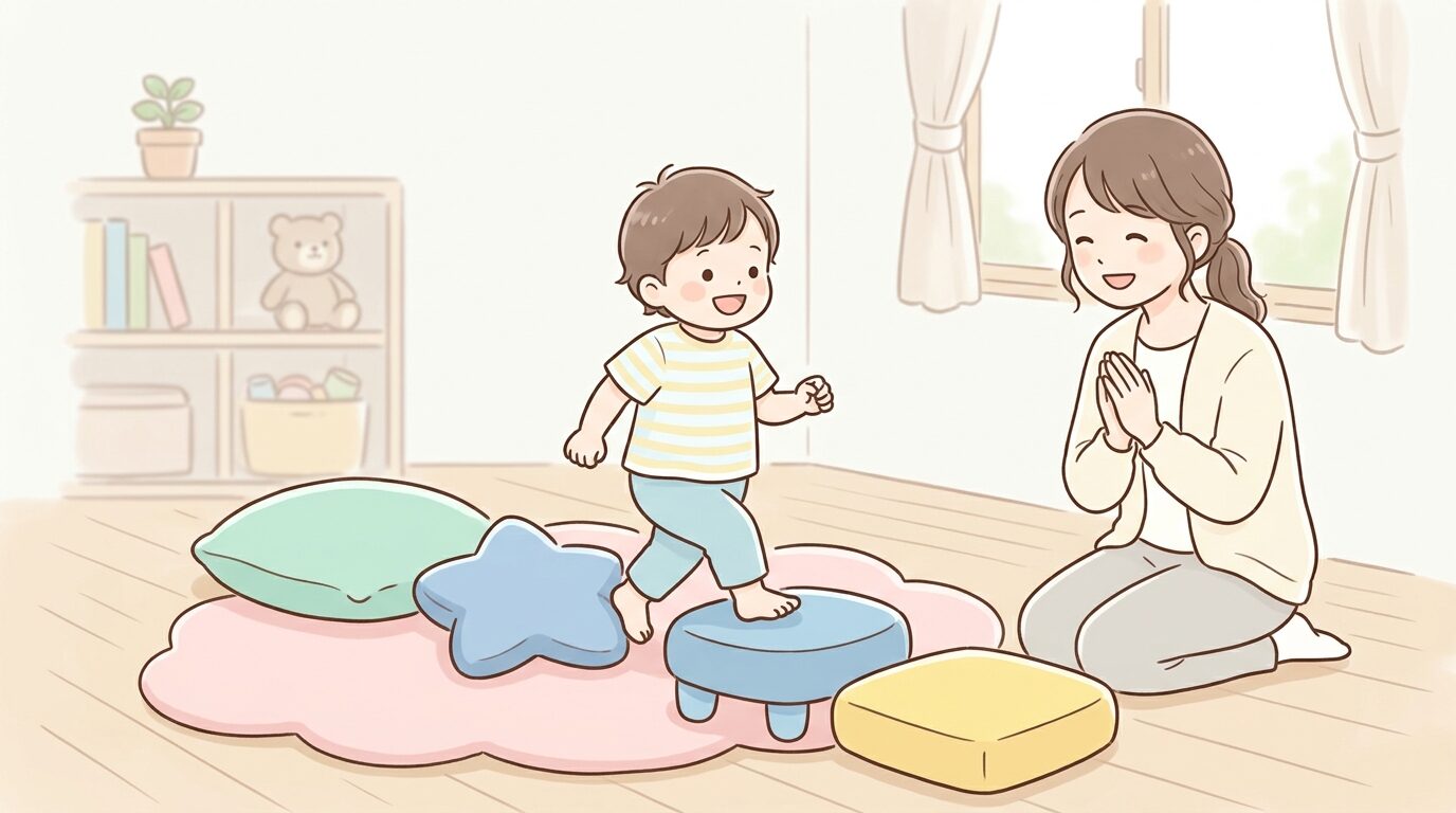 リビングでクッションを使った障害物コースを楽しそうに歩く2歳児と見守る親