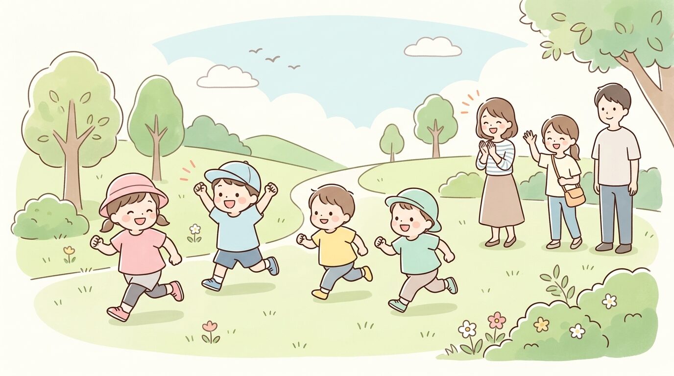 動きやすい服装で公園の広場を元気に走る子どもたちと、安全に見守る保護者たち