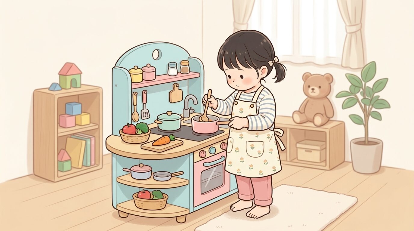 リビングでおもちゃのキッチンセットを使い、真剣な表情で料理のまねをする2歳児の女の子