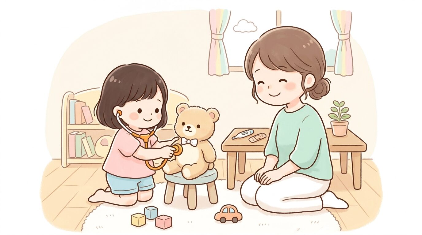 ぬいぐるみに聴診器のおもちゃを当てて診察のまねをする2歳児と、隣で微笑む母親