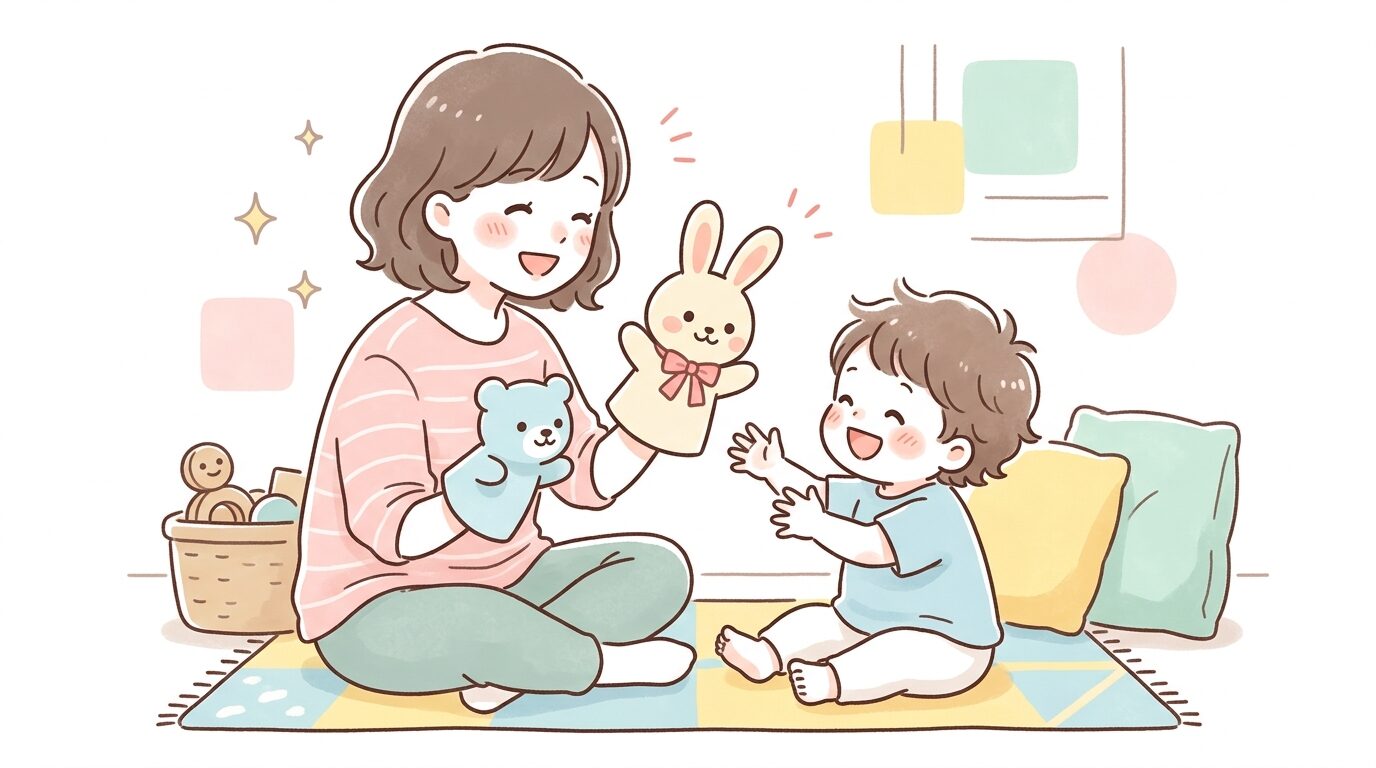 パペット人形を手にはめて子どもと向き合い、笑顔で会話を楽しむ親の姿