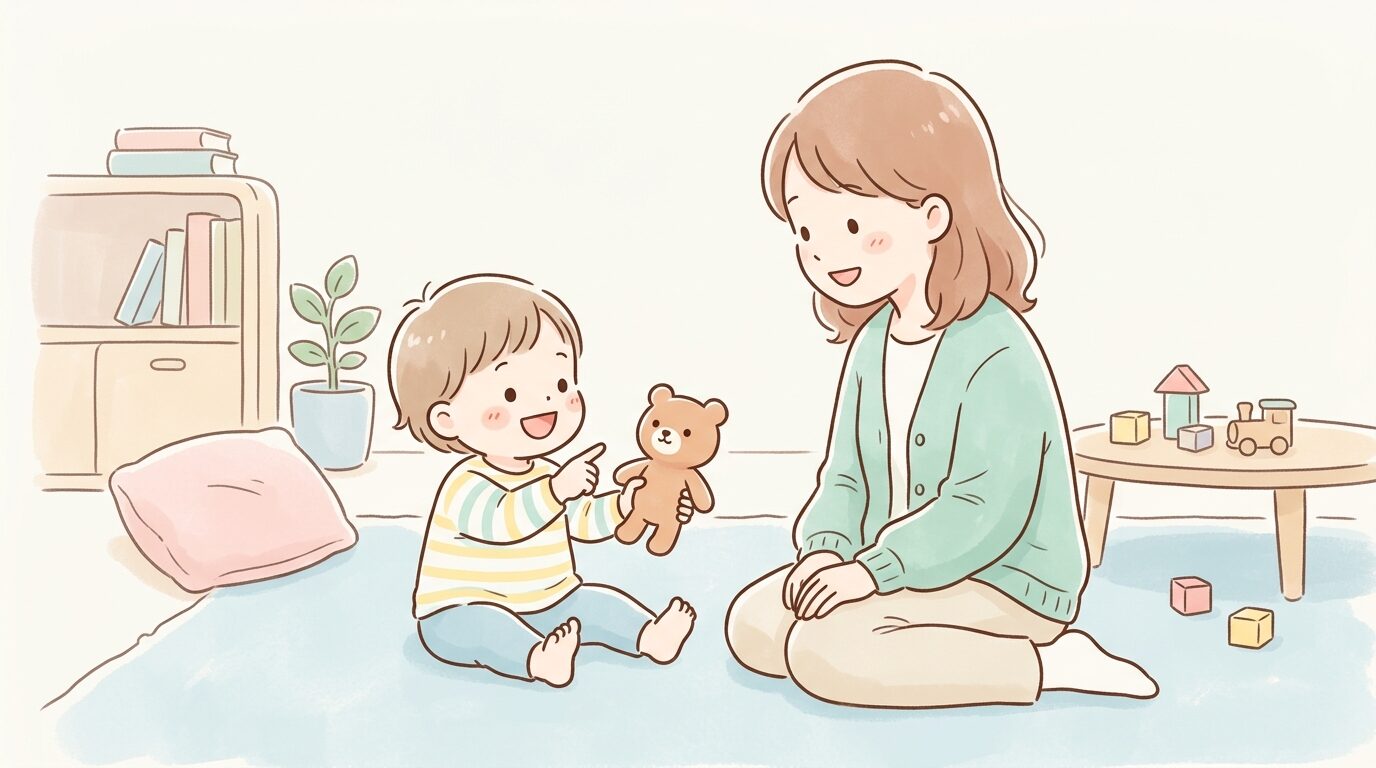 リビングでおもちゃの動物を指差しながら母親に「これなに?」と聞く2歳児の笑顔