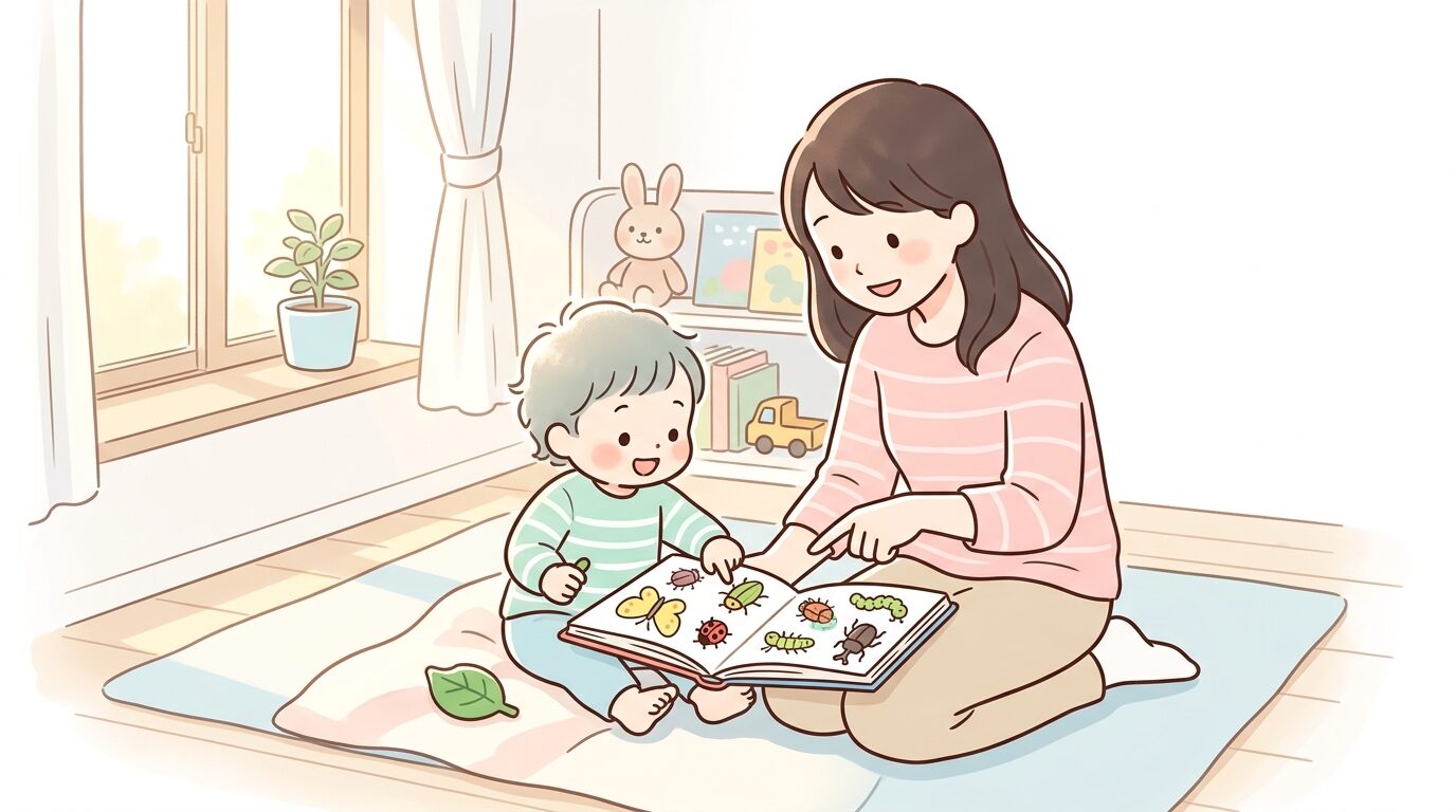 図鑑を開いて親子で一緒に虫の名前を調べている様子、優しい午後の光