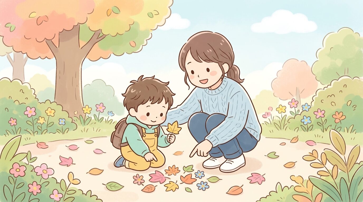 公園で色とりどりの落ち葉や花を親子で観察しながら会話を楽しむ場面
