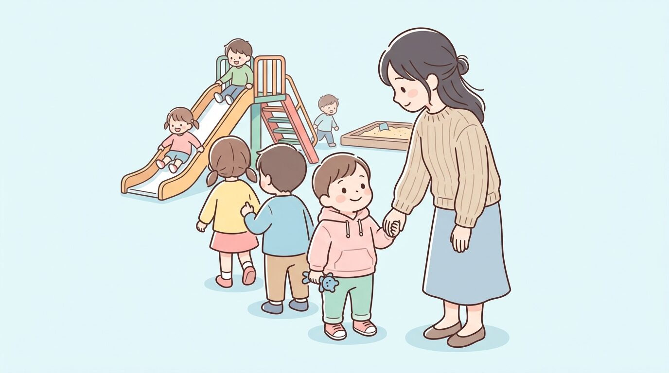 公園の滑り台の前で順番を待つ2歳児と、そばで優しく見守る母親の横顔