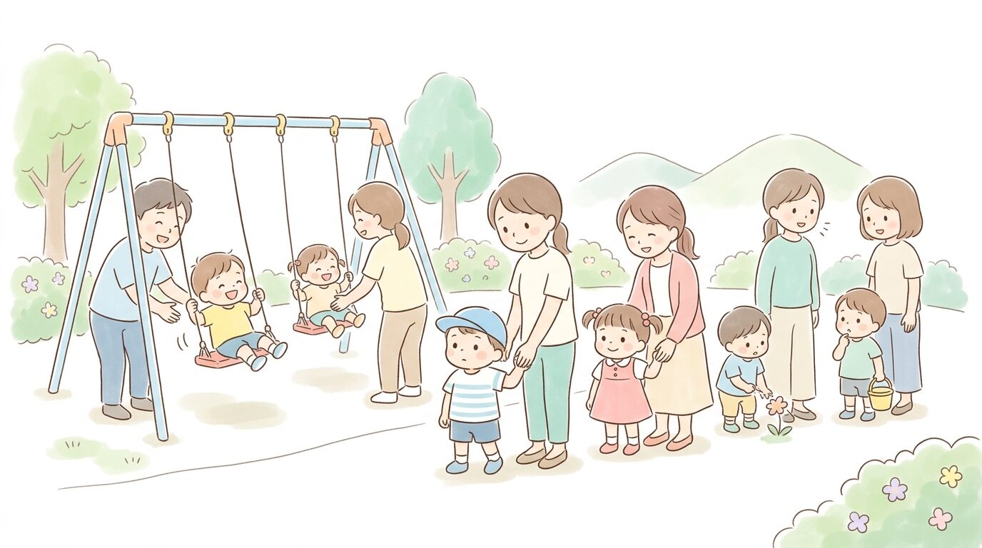 公園でブランコの順番待ちの列に並ぶ複数の子どもたちと親たち