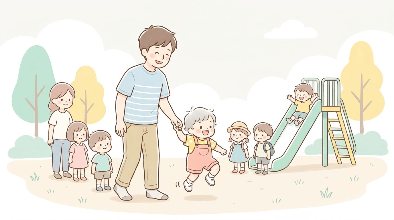 遊具の順番待ちの列の横で、はしゃぐ子どもの手をしっかり握る父親