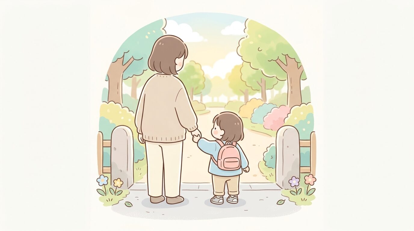 公園の入り口で立ち止まり、母親と手をつなごうとする2歳くらいの子どもの後ろ姿