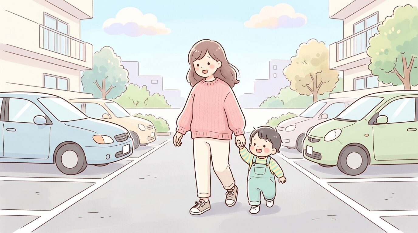 マンションの駐車場で母親が2歳児としっかり手をつなぎ、車の間を歩いている様子