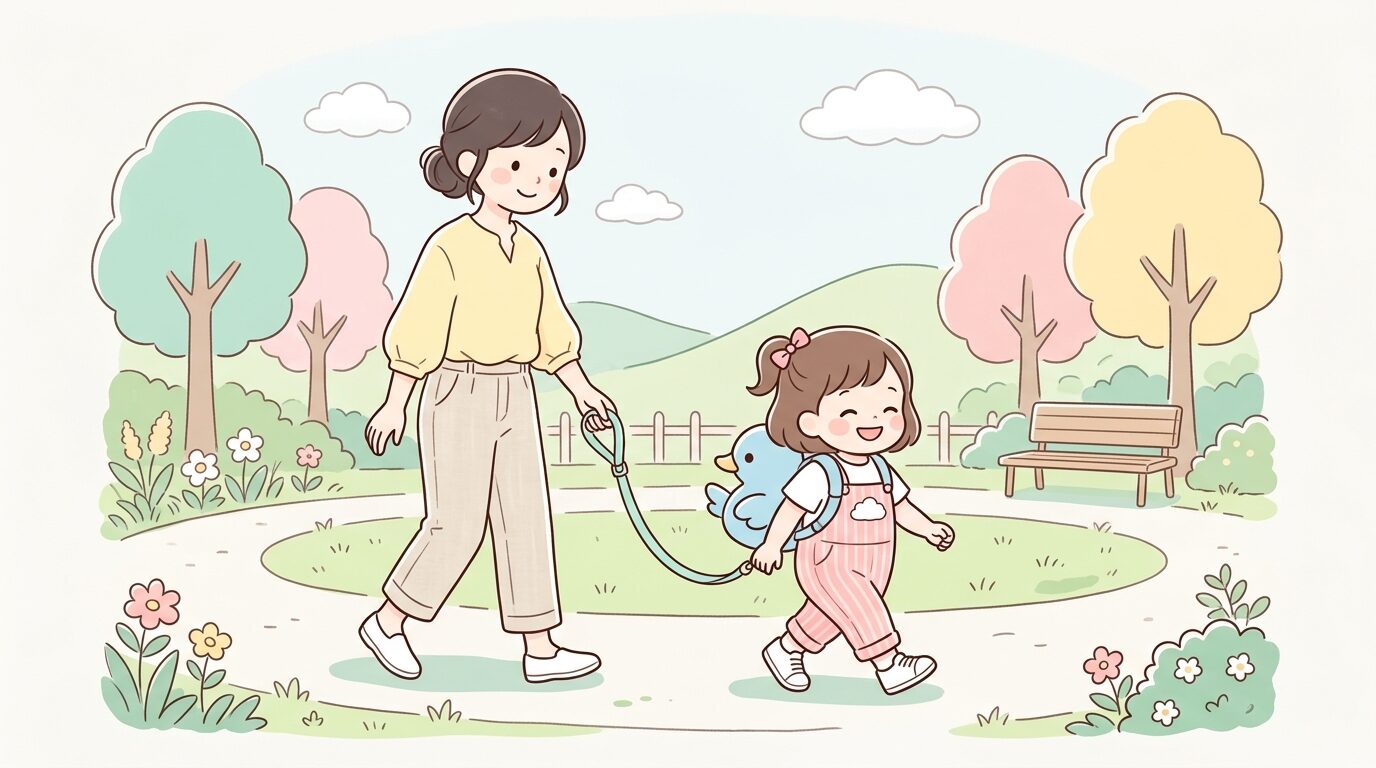リュック型ハーネスを背負い、笑顔で公園を歩く2歳児と見守る母親