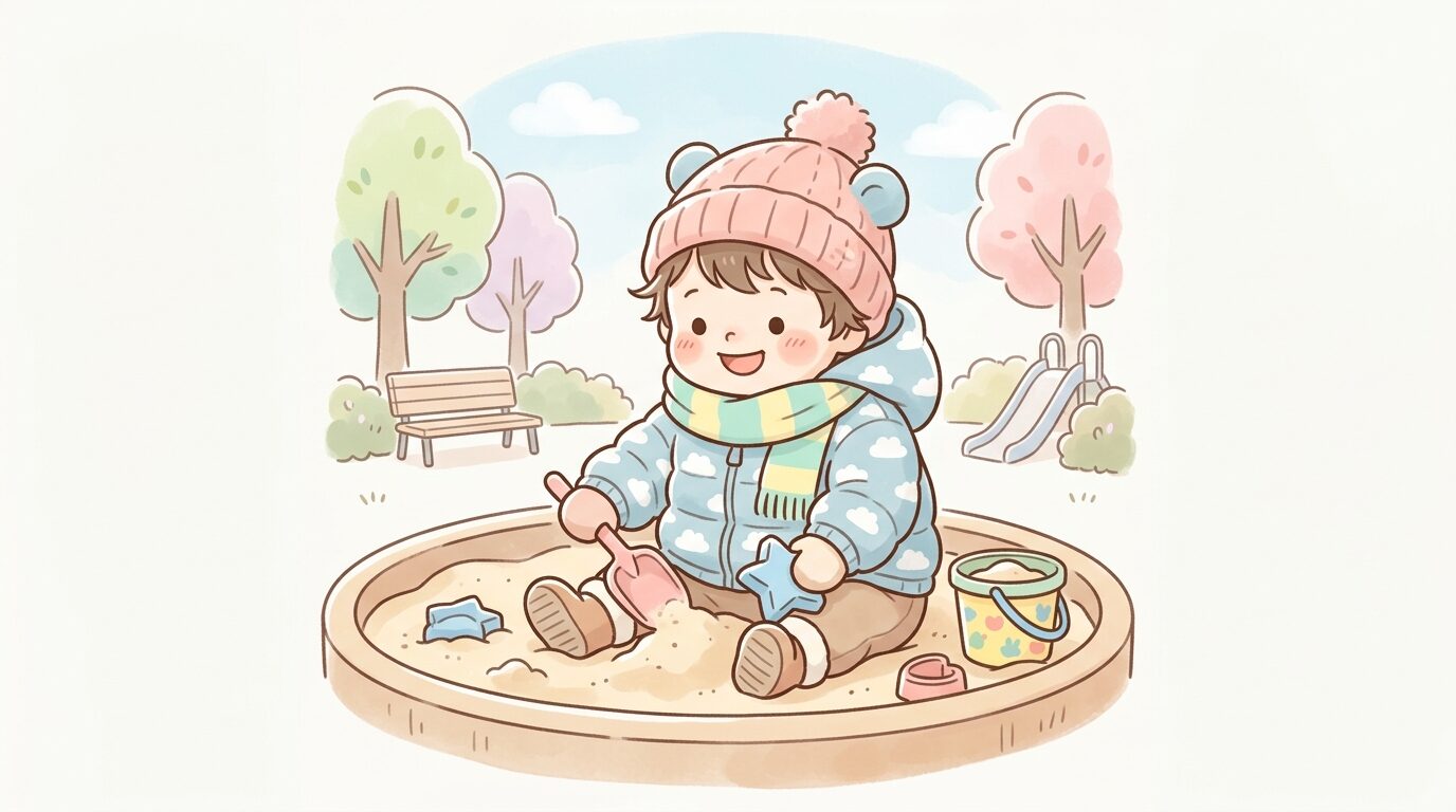 公園の砂場で笑顔で遊ぶ厚手のジャケットを着た2歳くらいの子ども