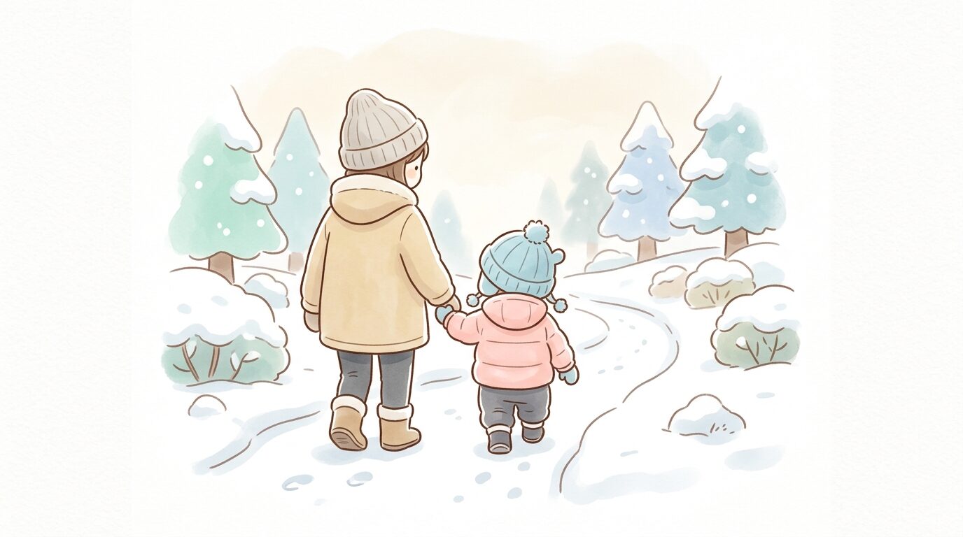 手袋とニット帽をかぶった子どもが親と手をつないで雪道を歩く後ろ姿