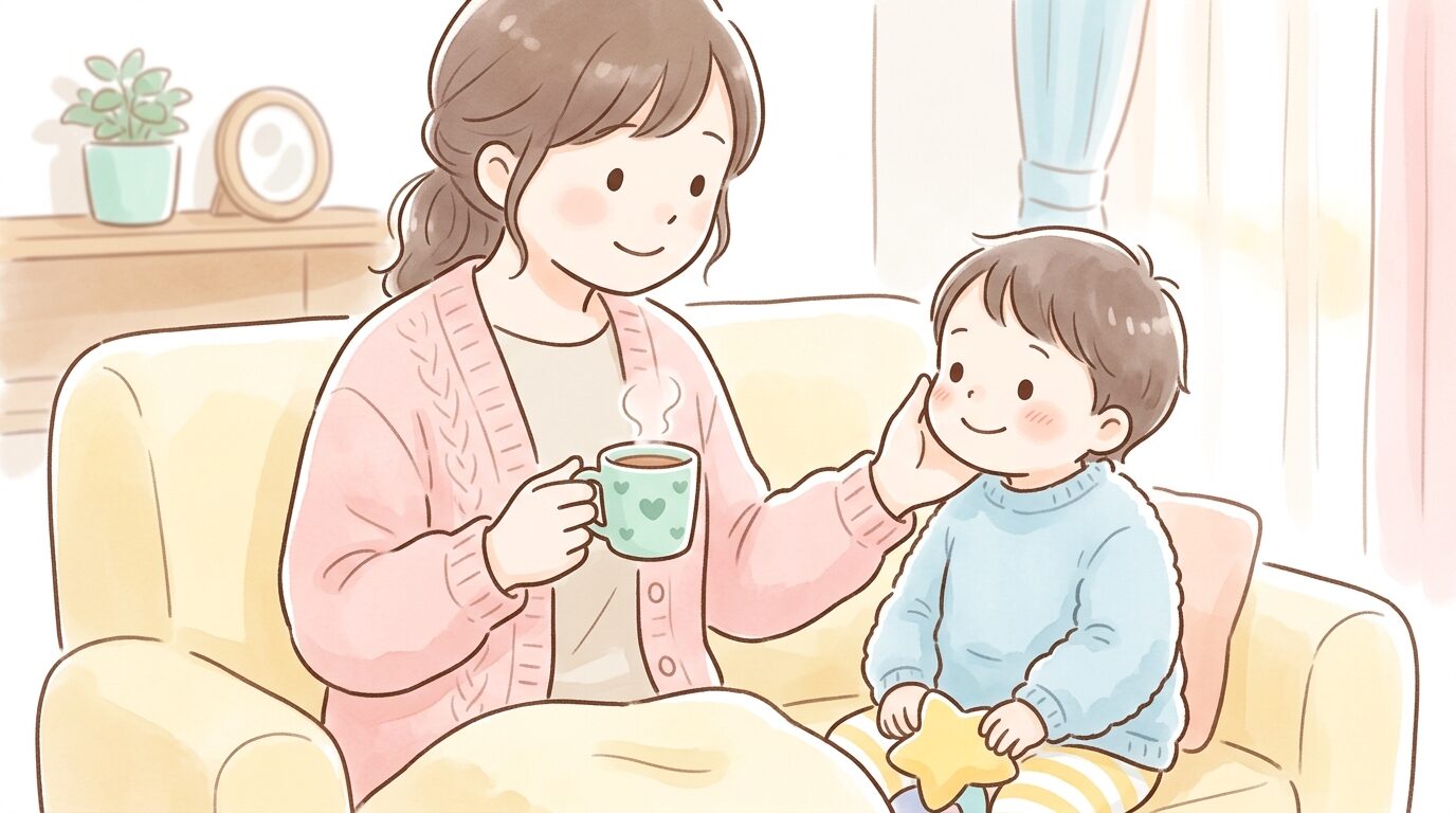 室内で暖かい飲み物を持ちながら子どもの体温を確認する母親の手元
