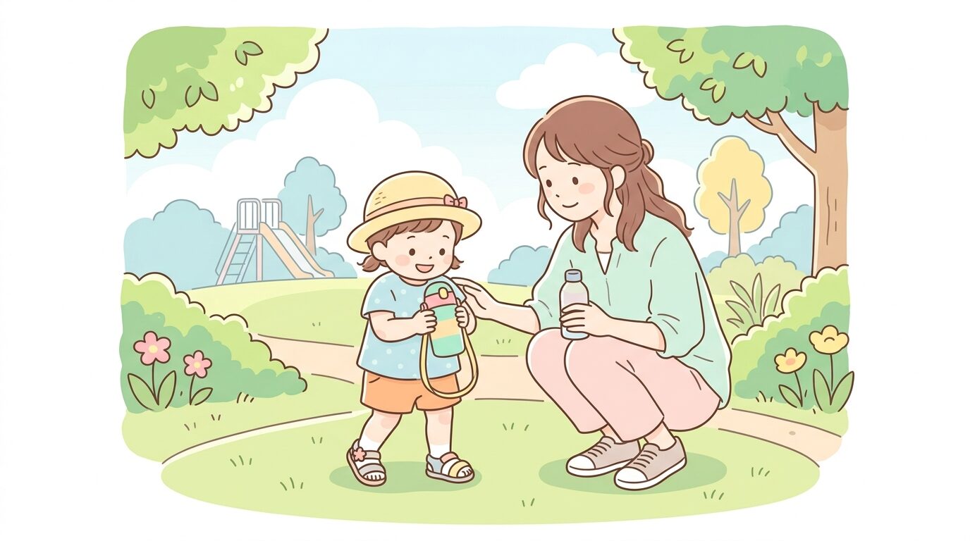 真夏の公園で帽子をかぶり水筒を持つ2歳くらいの子どもと見守る母親