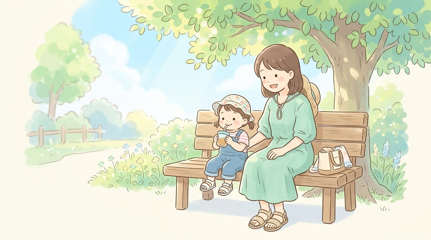 木陰のベンチで麦茶を飲む2歳児と隣で見守る親のほのぼのとした様子