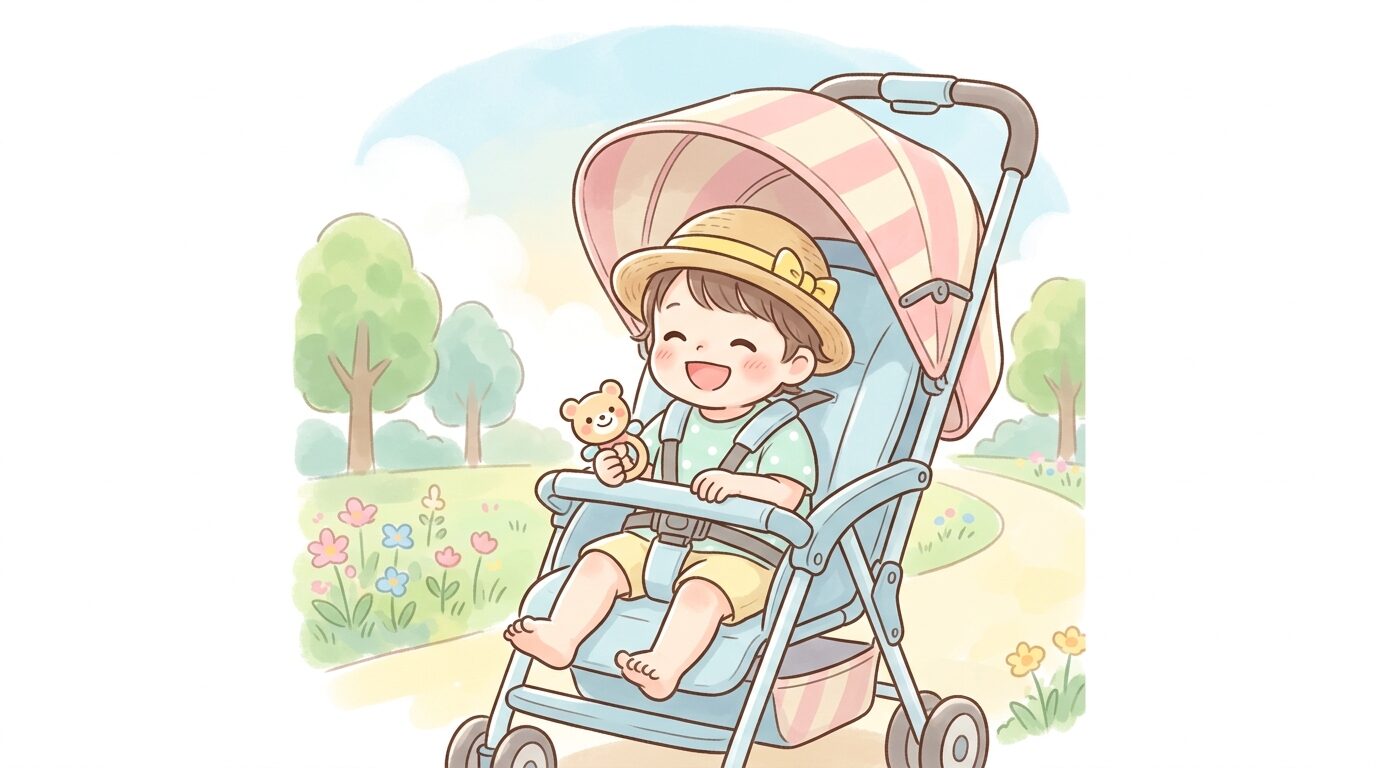 日除け付きベビーカーの中で麦わら帽子をかぶり笑顔で座る2歳児