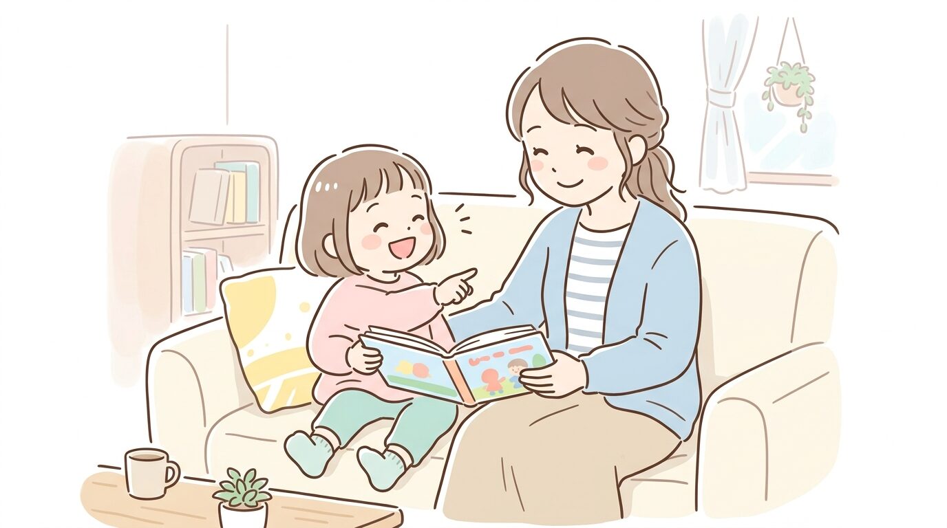 絵本を指さしながら楽しそうに話す3歳くらいの子どもとそれを見守る母親、リビングでの温かい雰囲気