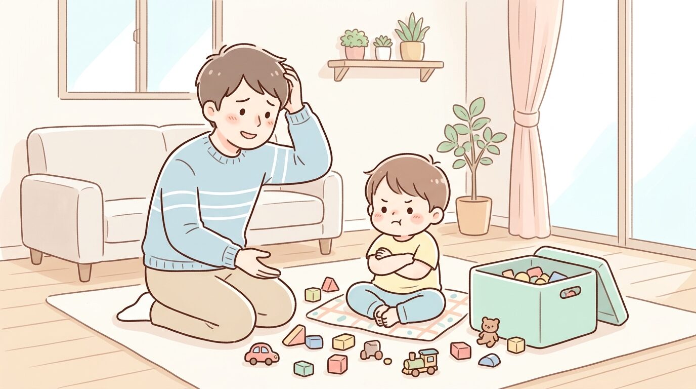 リビングの床でおもちゃを片付けるのを嫌がり腕組みして座り込む3歳児と、隣で困り顔の父親