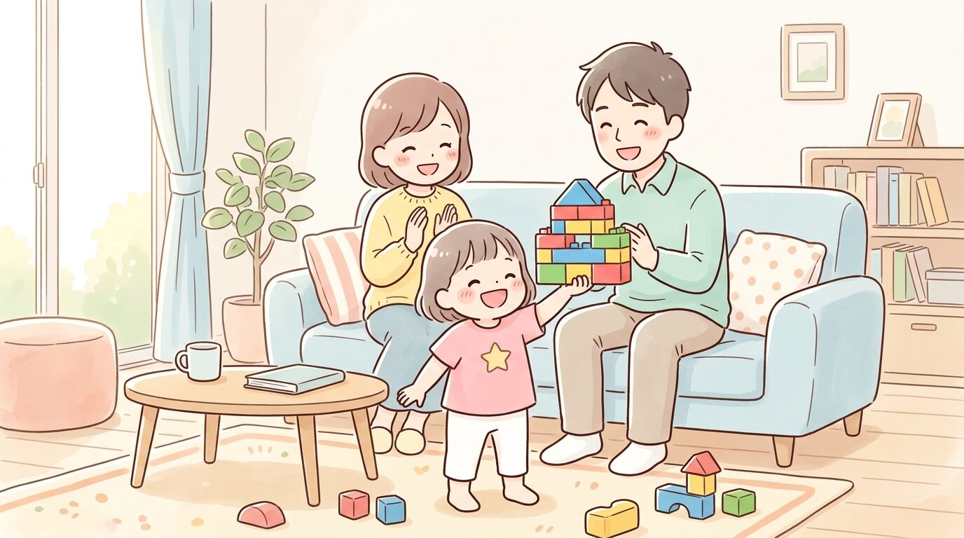 手作りのブロック作品を得意げに両親に見せる3歳児、明るいリビングでの家族団らんの様子