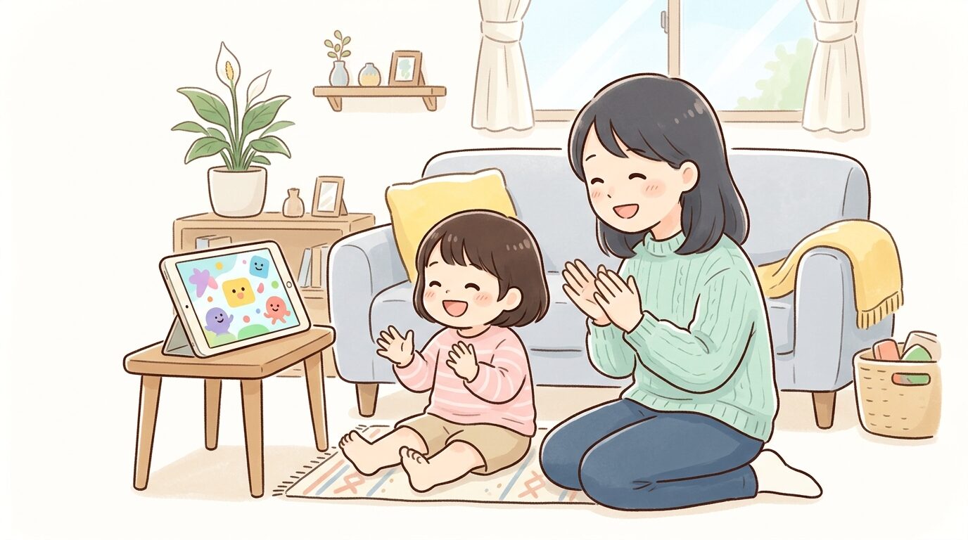 リビングでタブレットを見ながら笑顔で手遊びをする3歳くらいの子どもとその母親