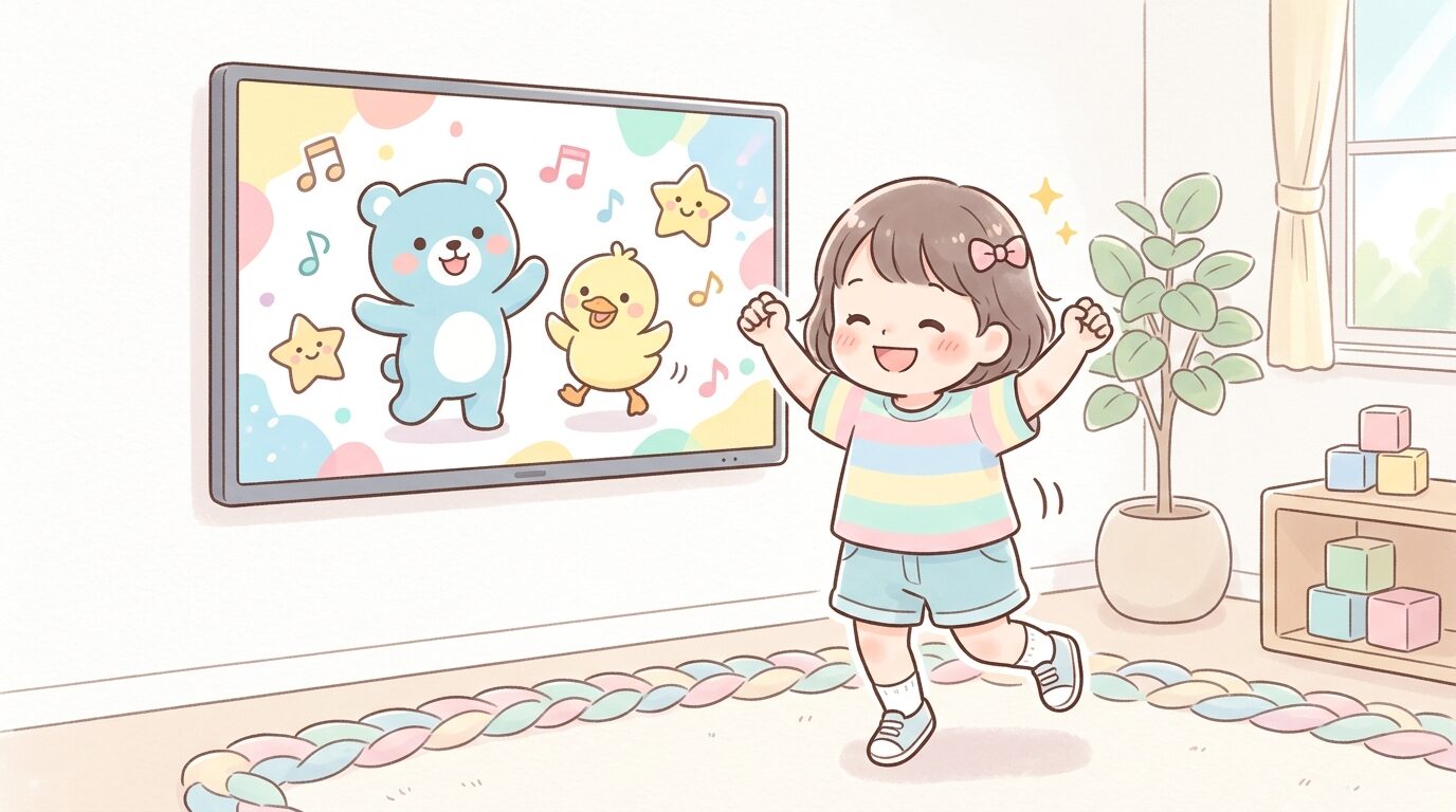 スマートテレビの前でお気に入りのキャラクターの歌に合わせて踊る幼児