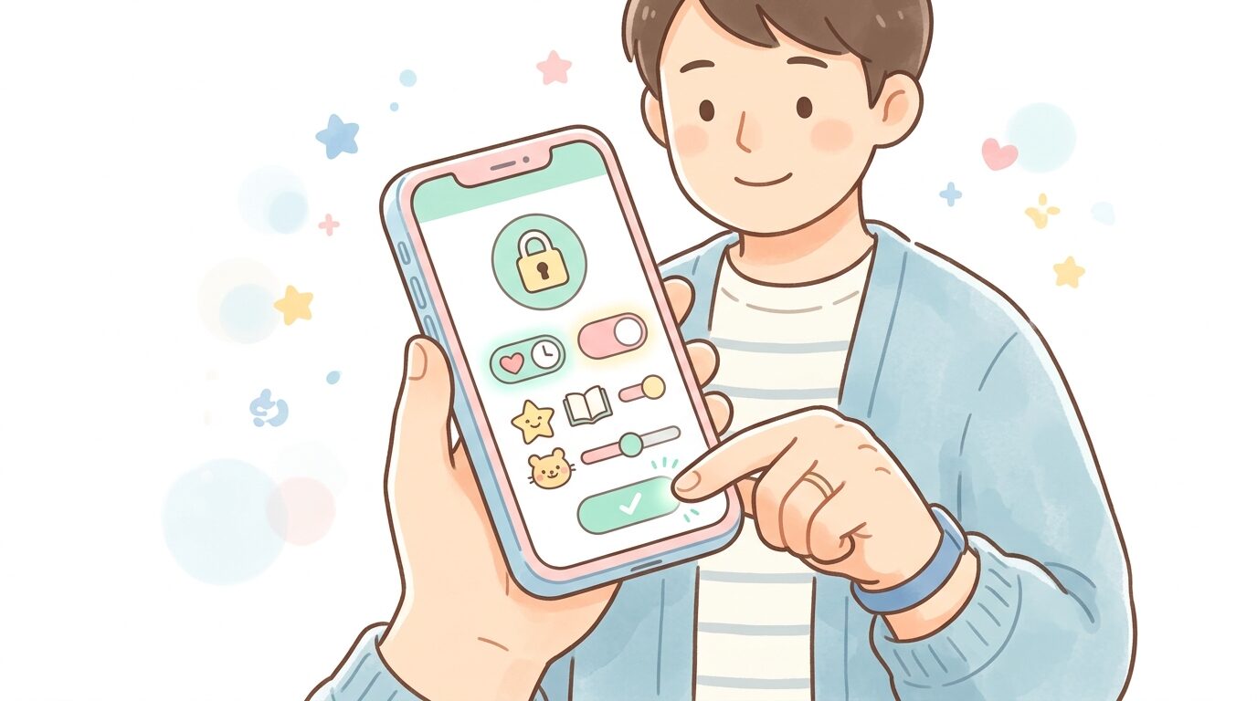スマートフォンでYouTube Kidsの保護者設定画面を操作する父親の手元