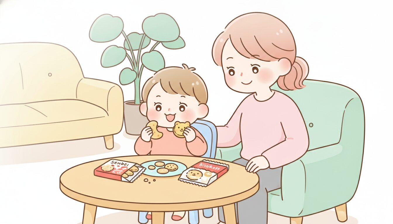 リビングのテーブルで市販のおせんべいやビスケットを嬉しそうに食べる3歳くらいの子どもと、隣で優しく見守る母親