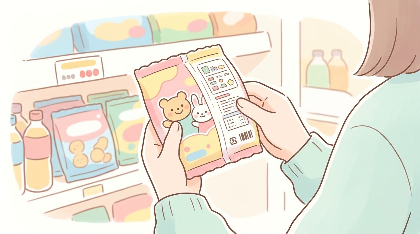 スーパーマーケットのお菓子売り場で幼児用おやつのパッケージを手に取り成分表示を確認する親の手元