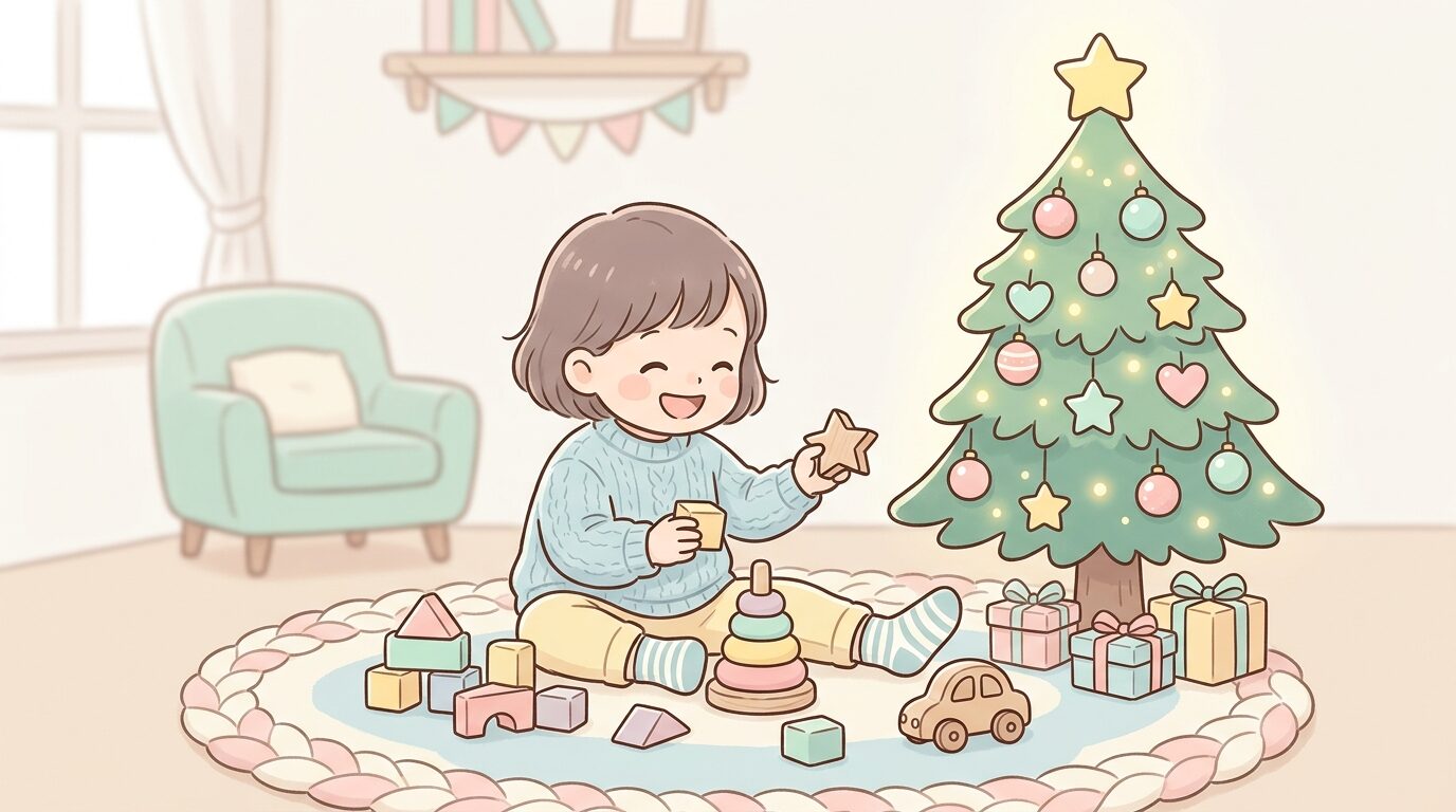 リビングでクリスマスツリーの横に座り、木製の知育玩具で楽しそうに遊ぶ3歳くらいの子ども